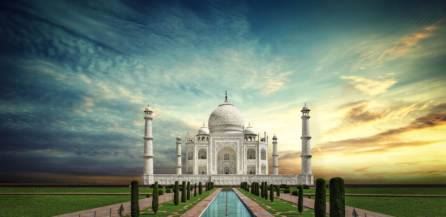 The Taj Mahal mausoleum at sunset