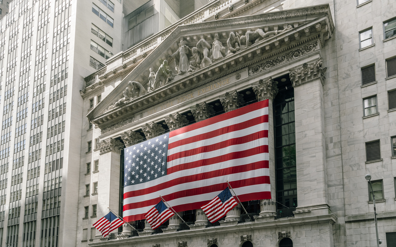 New York Stock Exchange adorned with American flags