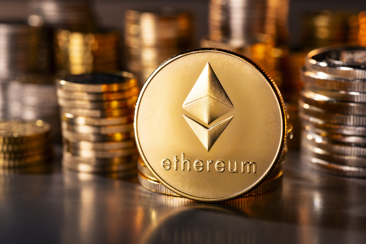 Ethereum token displayed beside coin stacks