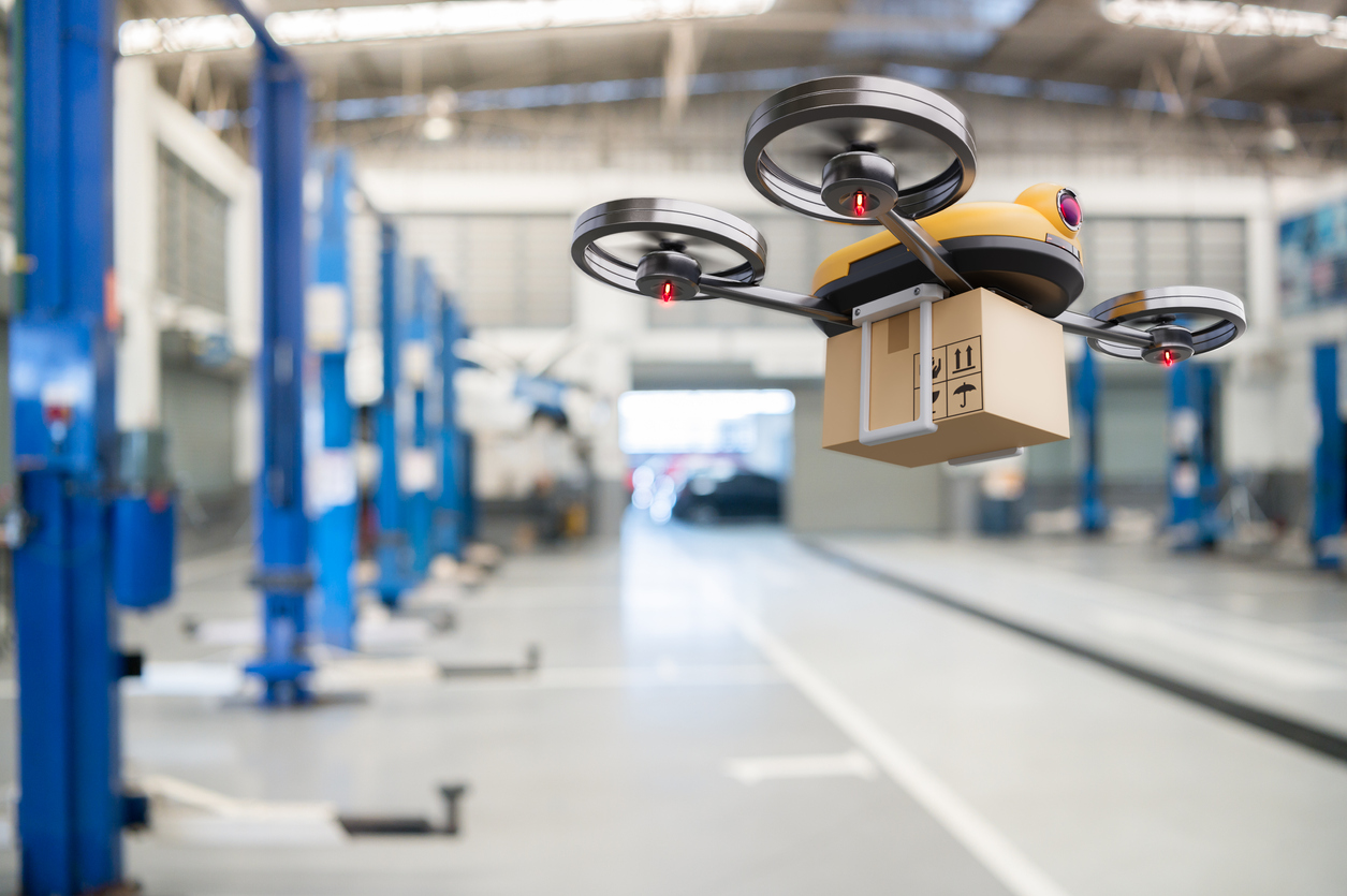 Drones working in business warehouse