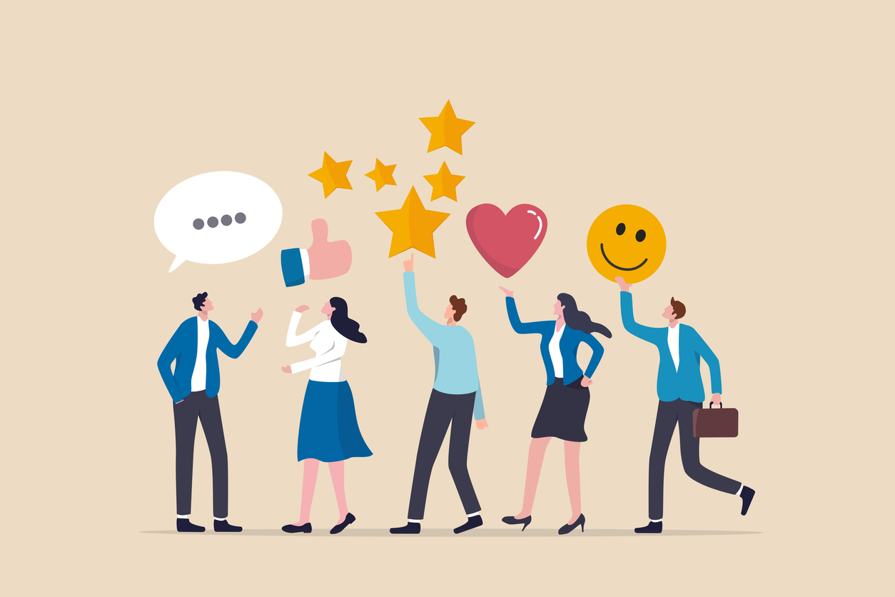 Customer feedback, user experience or client satisfaction, opinion for product and services, review rating or evaluation concept, young adult people giving emoticon feedback such as stars, thumbs up.