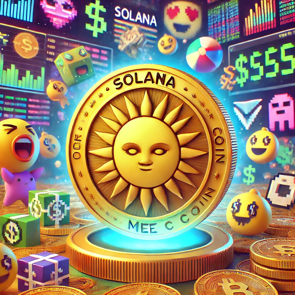 dall·e 2024 10 31 15.41.32 a creative depiction of a fictional solana meme coin, featuring a shiny, gold coin with the solana logo prominently displayed in the center. the coin