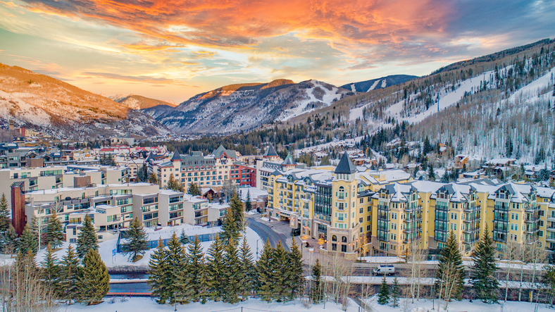 vail, colorado, usa downtown drone mountains aerial