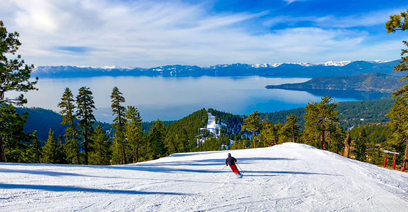 alpine skiing above lake tahoe on the nevada california border, usa