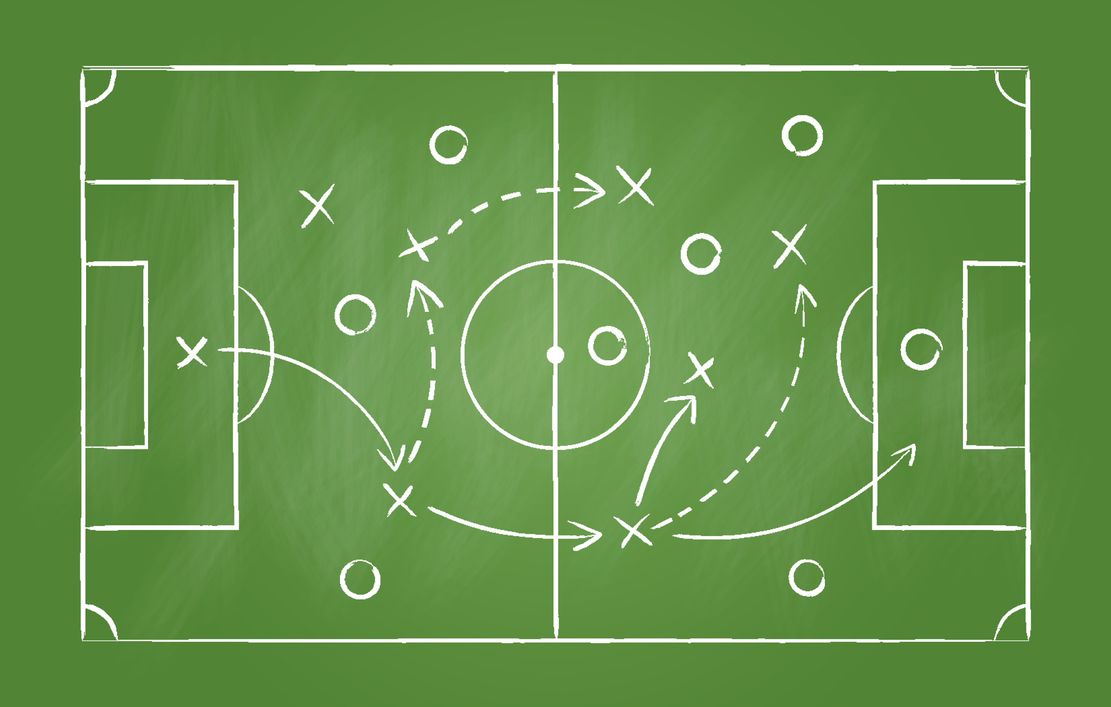 soccer strategy, football game tactic drawing on chalkboard. hand drawn soccer game scheme, learning diagram with arrows and players on greenboard, sport plan vector illustration