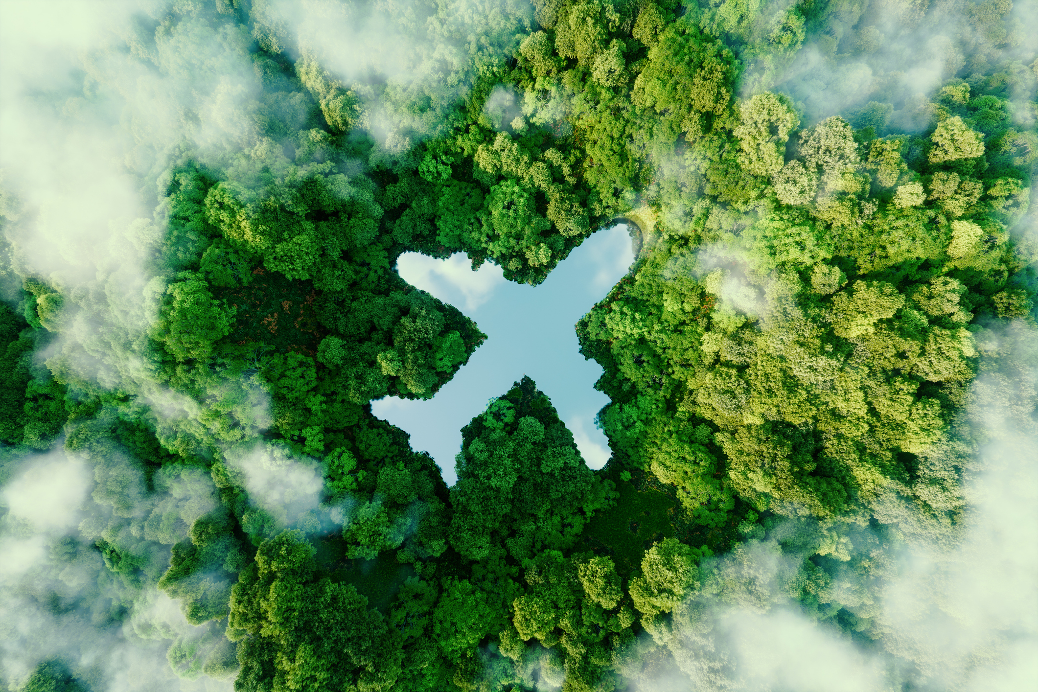 a lake in the shape of an airplane in the middle of untouched nature a concept illustrating the ecology of air transport, travel and ecotourism. 3d rendering.