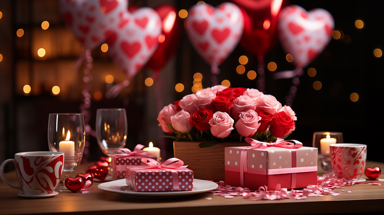 bouquet of red roses, red balloons and gifts. amidst a shower of confetti