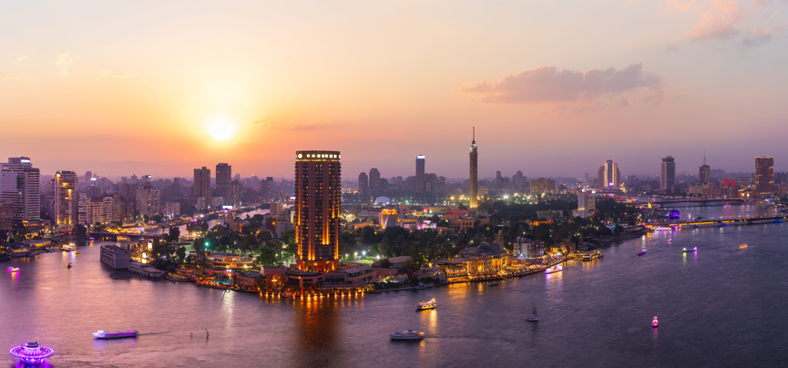 cairo downtown panorama, nile and the skyscrappers at night, egypt