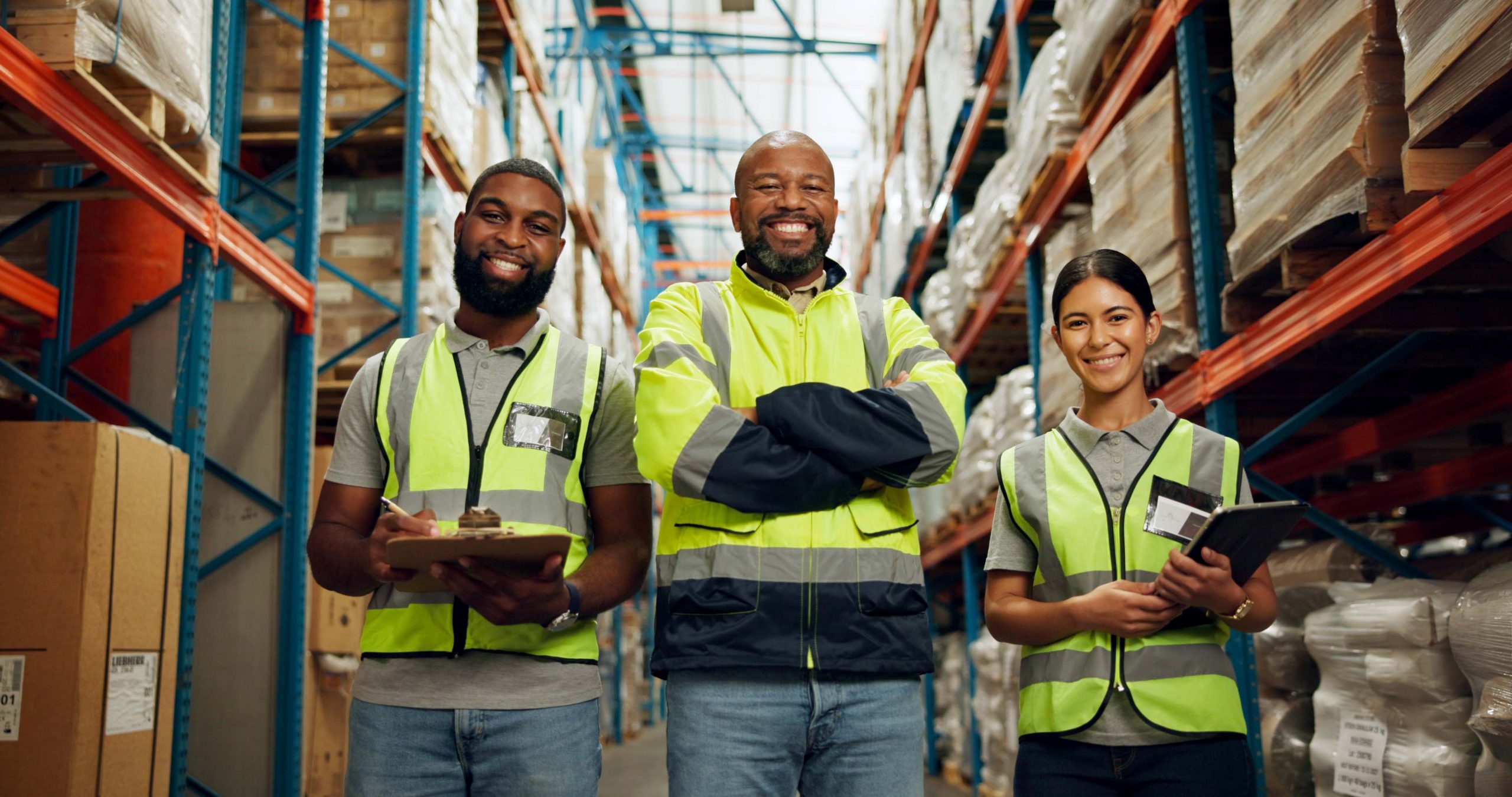 people, employees and happy in warehouse on portrait for manufacturing with teamwork. business, coworking and smile with clipboard or tablet at wholesale for package, supply chain and delivery