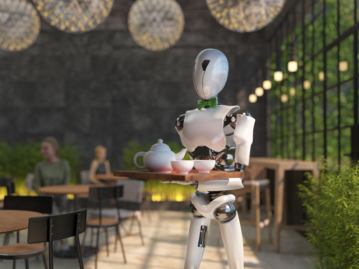 a humanoid robot waiter carries a tray of food and drinks in a restaurant. artificial intelligence replaces maintenance staff. the concept of the future. 3d rendering