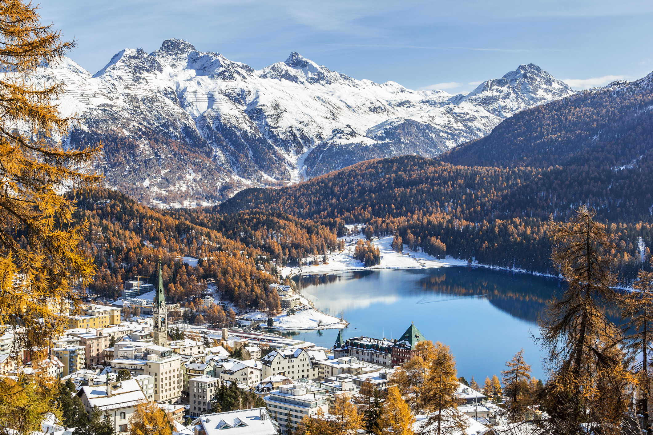 view of st. moritz, from the high hill with the first new snow