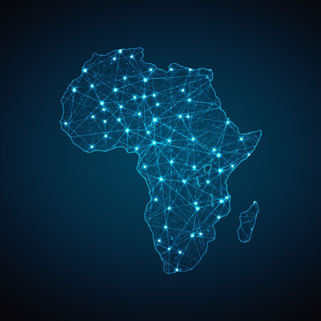 africa continent map geometric mesh polygonal light. business wireframe mesh spheres from flying debris blue structure style