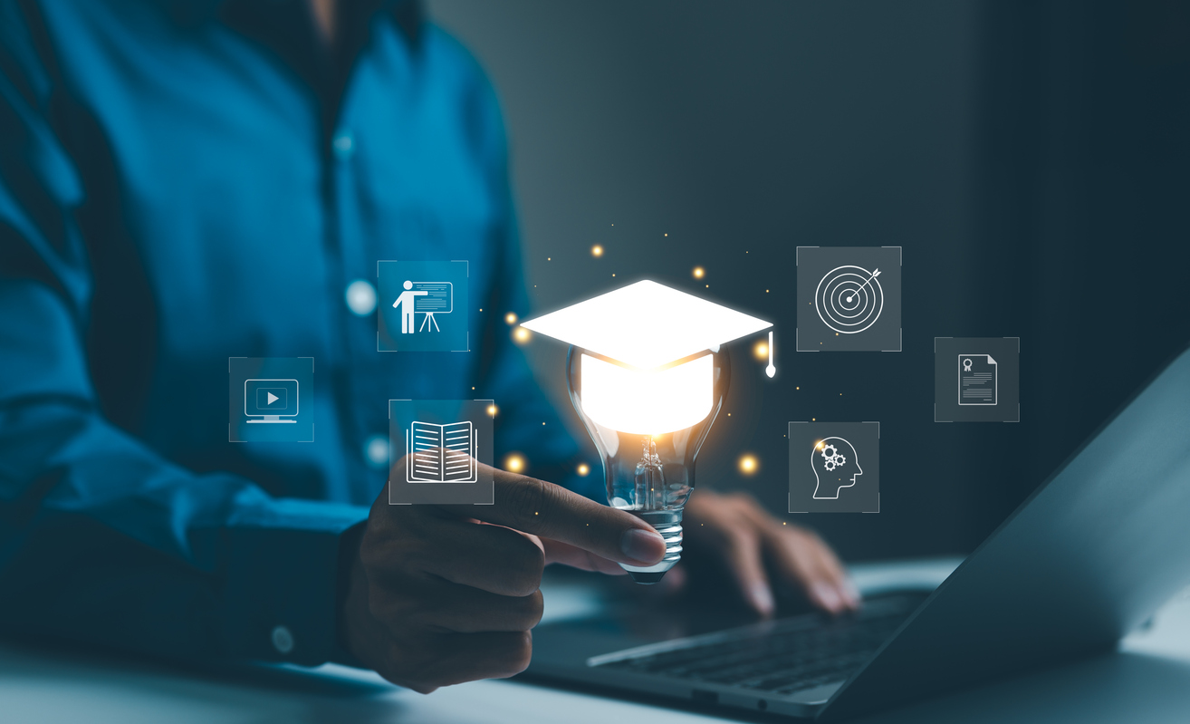 e learning graduate certificate program concept. a person with a light bulb symbolizing elearning, with icons education, online courses, and certification programs, the future of digital education,