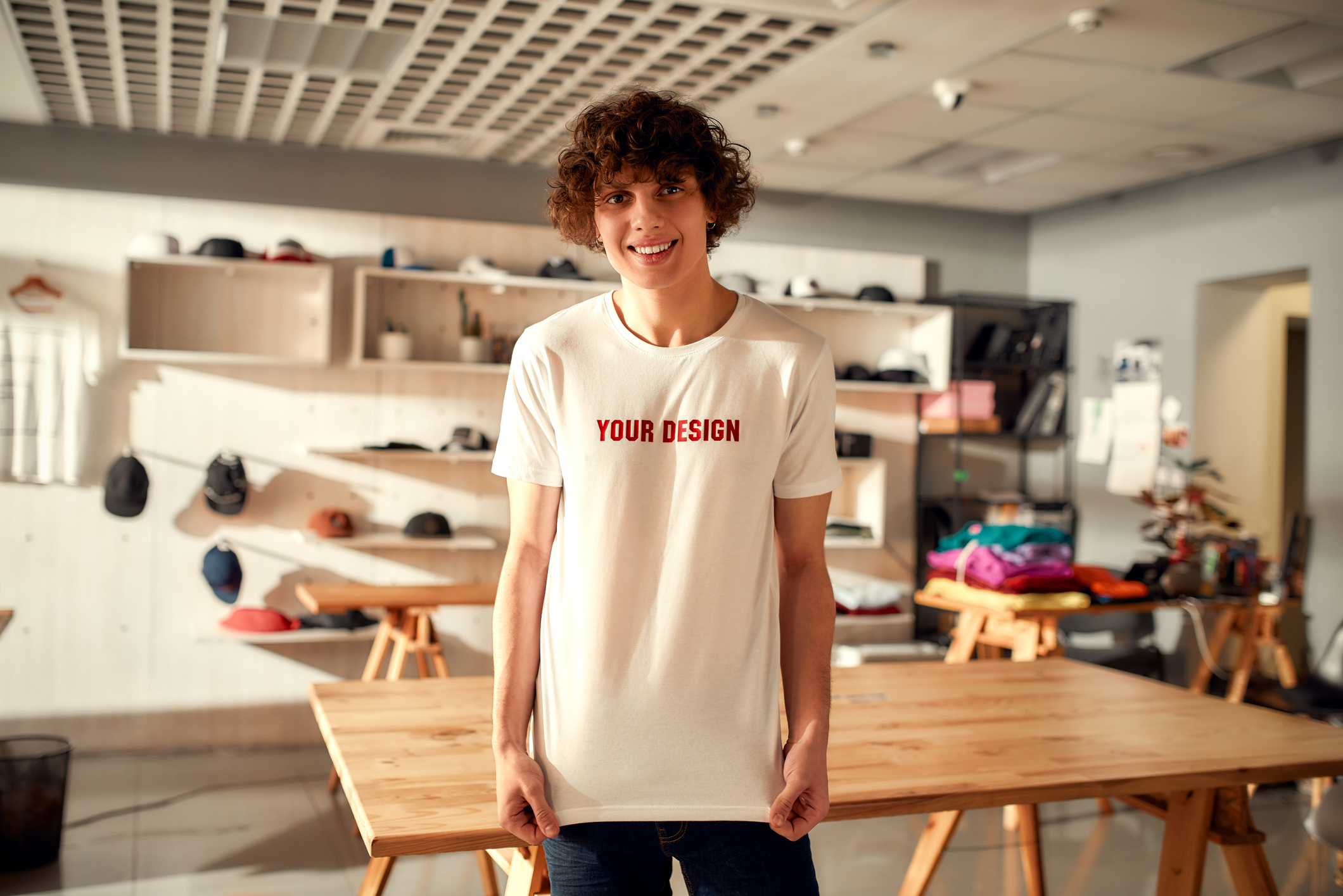 printing exactly what you want. young man smiling at camera, while trying on printed t shirt, standing in the store. clothes at custom t shirt, clothing printing company