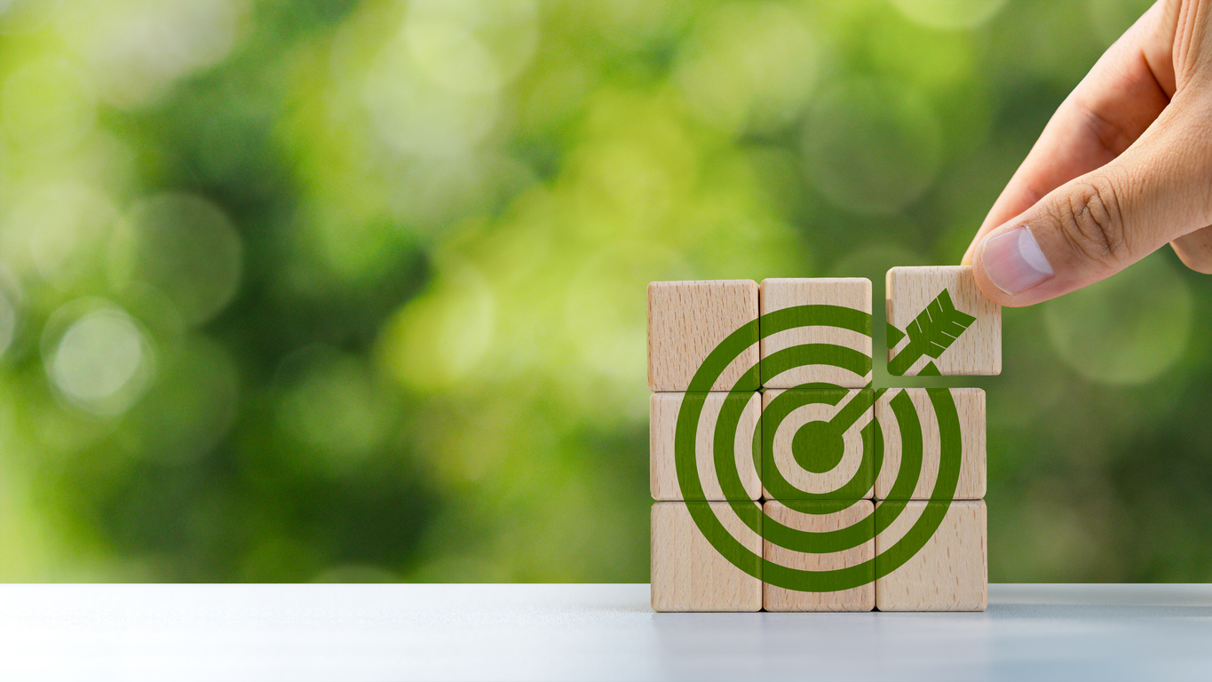 environmental goals of green business business development strategy with sustainable environmental conservation wooden block on handle with a green target icon. copy space