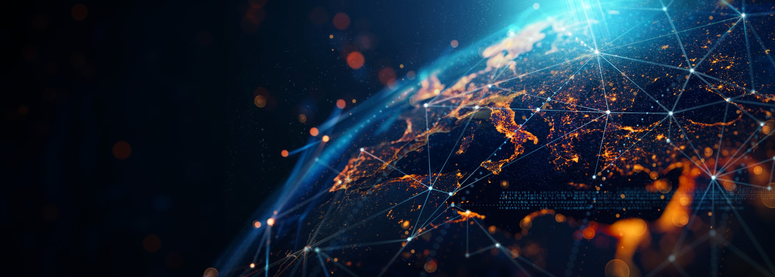 dynamic digital world map emphasize western europe continental for ai powered global network and connectivity big data transfer and cyber technology network information exchange and telecommunication concept.