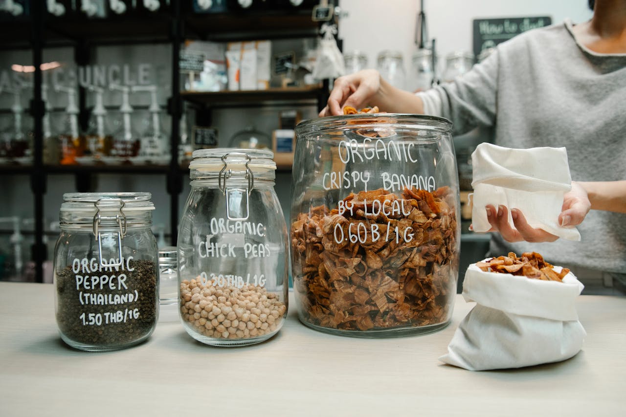 Variety of Organic Products on Glass Jars